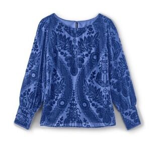 Soft Surroundings Vanetta Velvet‎ Top Blue Devore  Damask Floral Blouse Small